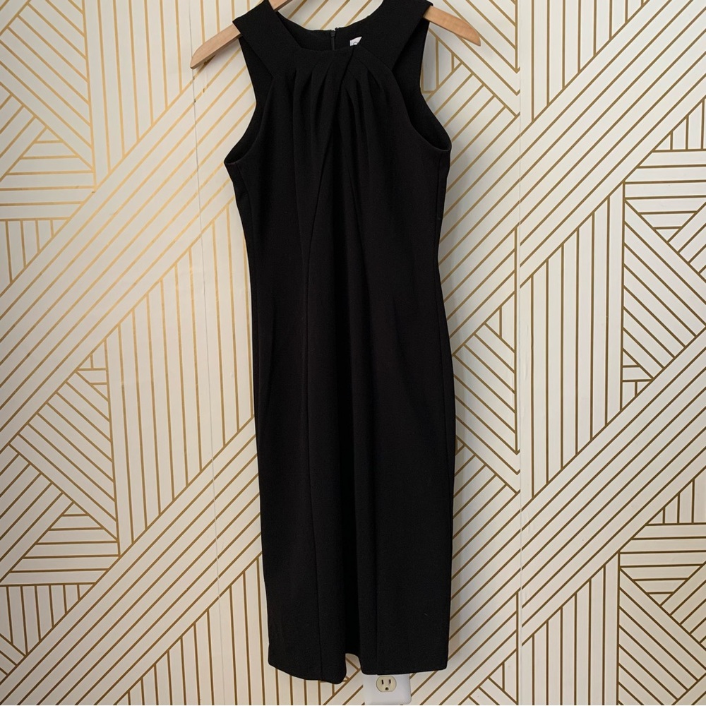 Calvin Klein pleated neckline structured sleeveless black sheath dress high neck